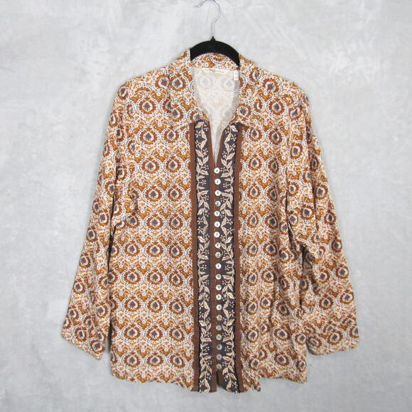 Soft Surroundings Shirt Womens Large Brown Floral Button Up Boho Embroidered - Picture 1 of 8